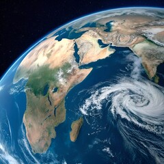 Realistic detailed depiction of planet earth showcasing the continents of africa and asia with a storm.