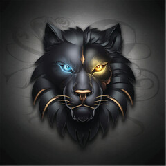 A stunning dark wolf head illustration with striking dual-colored eyes — one glowing blue and the other vibrant yellow. The design features sharp, golden highlights in the fur and fangs, set against a © HaiderAi