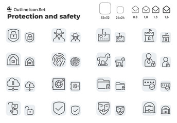 Personal data protection and antivirus software. Concept editable stroke outline icons set isolated on white background flat vector illustration. Pixel perfect