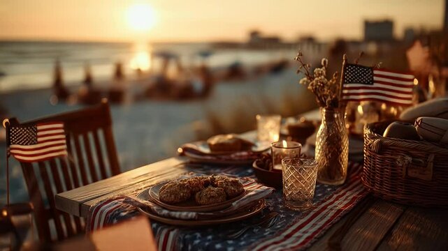 Rustic summer beach table setting festive meal and sunset