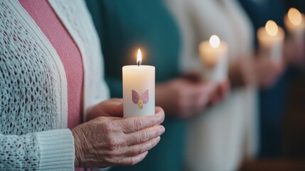 People holding lit candles during a solemn ceremony or vigil, creating a peaceful and reflective atmosphere.