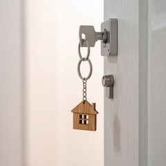A key with a house-shaped keychain hangs from a door lock, symbolizing home ownership and security.