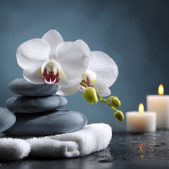 Orchid and stones creates zen atmosphere, enhanced by soft glow of candles. scene evokes sense of calm and peace, perfect for relaxation or meditation