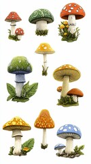 Colorful Collection of Various Mushroom Illustrations on White Background