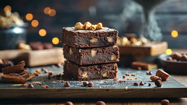 Brownies stacked on top of each other with a brown background