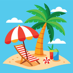 Obraz premium Beach vacation illustration with palm tree sun umbrella and lounge chair on a sunny island