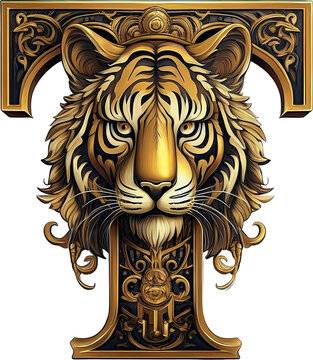 Letra T, Tigre, letra, animal, vector, administrar, ilustraci&oacute;n, canis lupus, arte, negro, inhospitalario, ia, dorado y negro