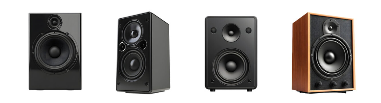 Set of modern audio speakers in various finishes. isolated on transparent background