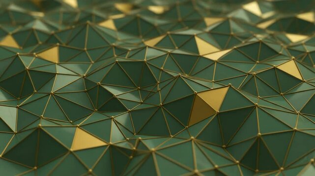 Animated triangle mesh with interconnected green and gold shapes, dynamic motion and modern design on textured surface