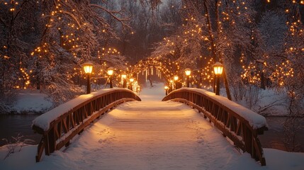 Snowy wooden bridge lit by lanterns arching over a frozen creek under a canopy of frosted branches, Generative AI