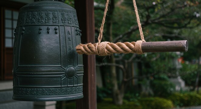 緑の庭園を背景にした日本の寺の梵鐘と撞木