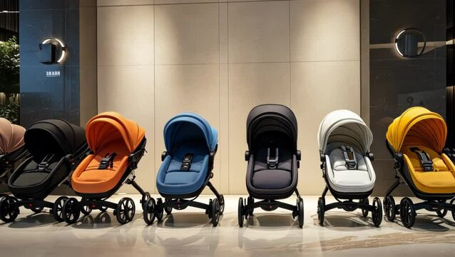 Stylish baby strollers in various colors displayed in a modern showroom