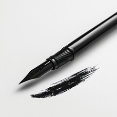 A close-up of a black fountain pen with ink stroke on paper for artistic purposes.