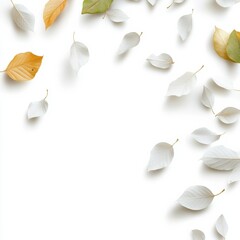 A collection of autumn leaves scattered on a white background, showcasing nature's beauty.