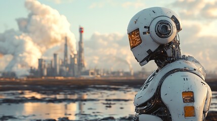 A futuristic robot trying to clean up an endless wasteland of human pollution 