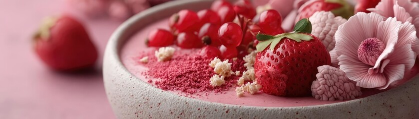 Healthy smoothie bowl of avocado with red berries concept. Delicious smoothie bowl topped with fresh strawberries and flowers.
