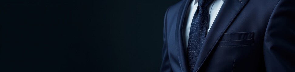 Close-up of a suit jacket lapel, dark background, confident, ambition