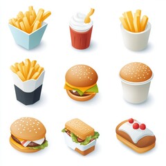 A colorful collection of delicious fast food items including burgers and fries.
