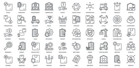 Inventory Management icon set. Containing stock, inventory, warehouse, supply, supply chain, distribution, logistic, product, monitoring, delivery. Outline style