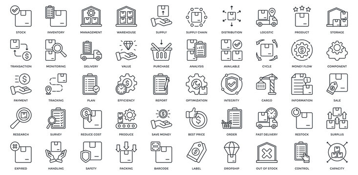 Inventory Management icon set. Containing stock, inventory, warehouse, supply, supply chain, distribution, logistic, product, monitoring, delivery. Outline style
