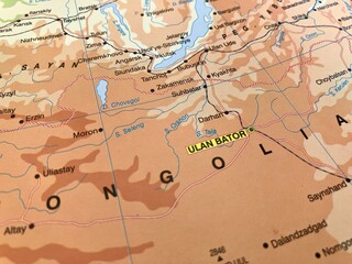 View of Ulaanbaatar, Capital and largest city of Mongolia, on a geographical map of Asia
