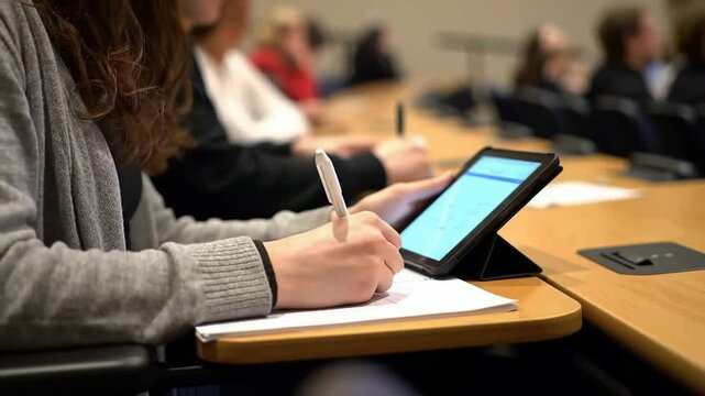 Focused Student Taking Notes on Tablet During Lecture in University Classroom, Hands Close Up. High quality professional video perfect for commercial use and marketing projects.