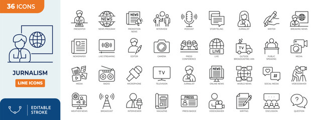 Fototapeta na wymiar Journalism line editable icon set. Containing journalist, press, news, reporter, podcast, microphone, interview, newspaper, and more. Editable stroke. vector illustration