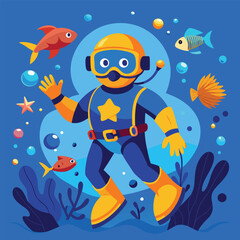 Obraz premium Cartoon illustration of a friendly diver exploring the ocean with playful marine life