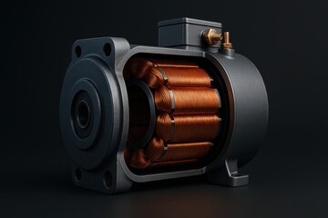 Detailed Cutaway View of an Electric Motor with Copper Wiring on Dark Background