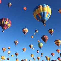 Naklejka premium Many colorful hot air balloons float in a clear blue sky.