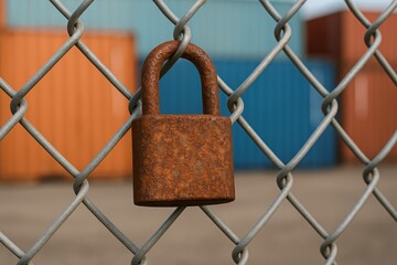 Rusty Padlock on Chain Link Fence with Shipping Containers in Background