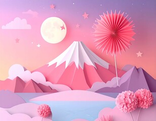 Origami Landscape with Mount Fuji Fireworks at Night