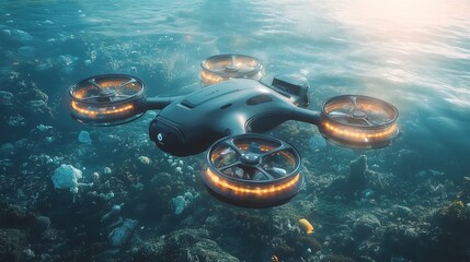 A futuristic drone cleaning plastic from the ocean with high-tech lasers 