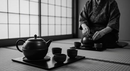 茶道、茶碗、急須と着物姿の女性、畳の上の静かなお茶会、白黒