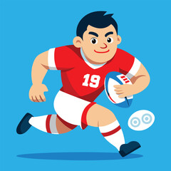 Obraz premium Cartoon illustration of a rugby player running with the ball on a vibrant blue background