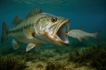 Largemouth Bass Attacking Prey Underwater in Green Water