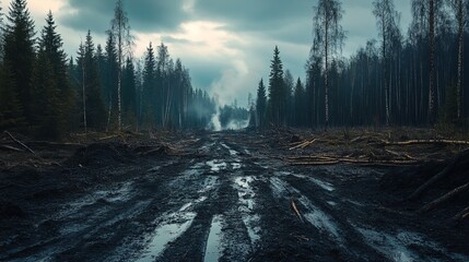 A forest destroyed by illegal dumping, with blackened soil and dead trees 