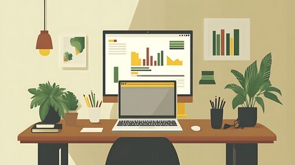 A home office workspace with a laptop and monitor.