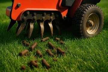 Red Lawn Aerator Removing Soil Cores from Green Grass