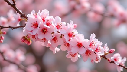 Obraz premium a branch of blossoming cherry trees with delicate pink flowers against a clear sky background.