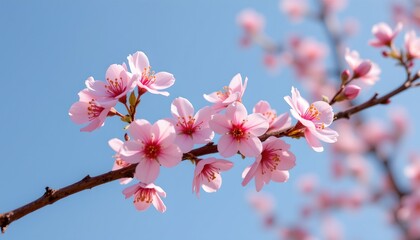 a blossoming tree with pink flowers against a blue sky background.