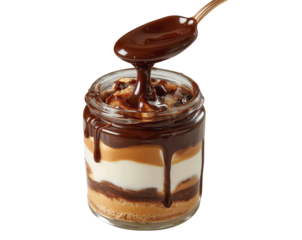 Close-up of layered caramel and chocolate dessert in glass jar with spoon dripping chocolate sauce rich, indulgent treat perfect for dessert menus or food blogs