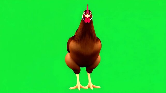 Front-facing Brown Hen on Green Screen: 3D Render