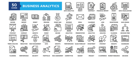 50 Business Analytics icon set. Containing design business, digital, analytics, data, marketing, technology, information, analysis	