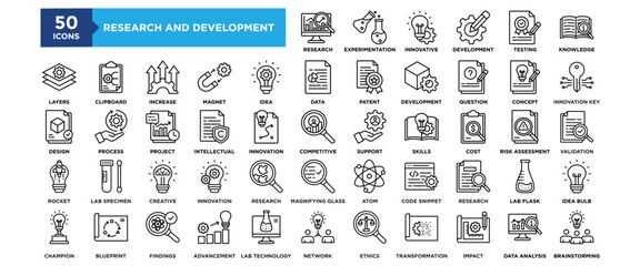 50 Research and Development icon set. Containing design Market Research, Experimentation, Innovative, Development, Testing	