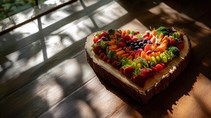 Assortment of healthy foods arranged in a heart shape, symbolizing love for nutritious eating and wellness.