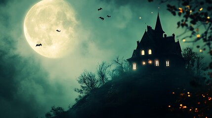 An eerie, illuminated mansion on a misty hilltop under a full moon.