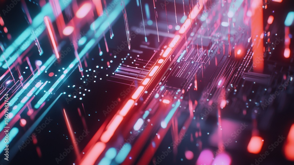 Poster a close up view of the intricate circuitry and vibrant neon like lights of an ai powered microchip c