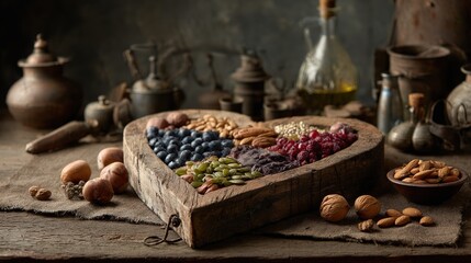 Assortment of healthy foods arranged in a heart shape, symbolizing love for nutritious eating and wellness.