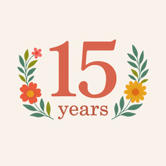 15 years modern logo. boho style with floral elements. Vibrant colors, light background, cheerful. events, celebrations, anniversary